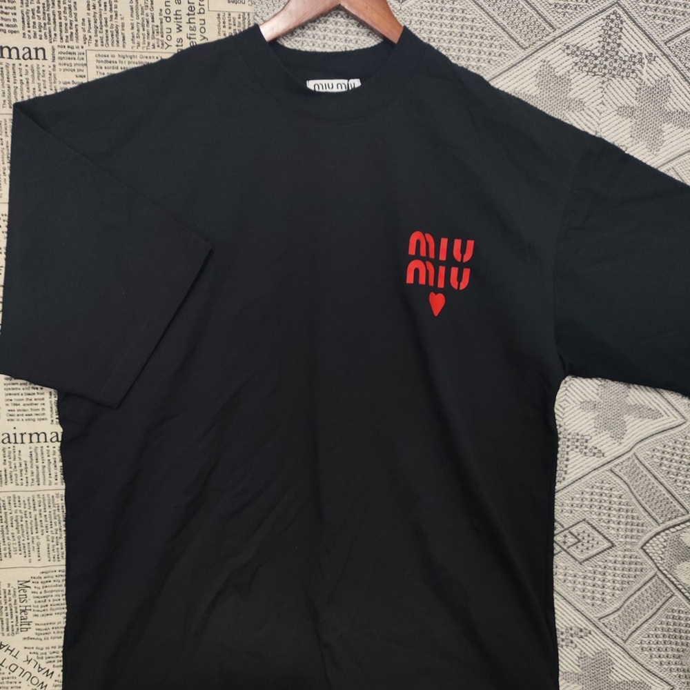 Miu Miu Black Short Sleeve Tee with Red Logo Heart